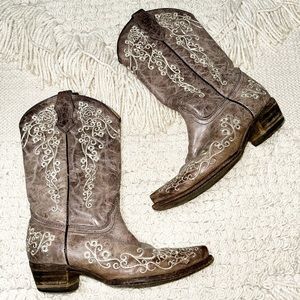 CORRAL brown gray Crater with bone embroidery western leather boots snip toe 5
